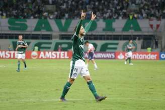 Hyoran, do Palmeiras, comemora seu gol em partida contra o Junior Barranquilla, válida pela 4ª rodada do Grupo F da Copa Libertadores 2019