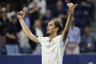 Sep 1, 2019; Flushing, NY, USA; Daniil Medvedev of Russia gestures to the crowd after his match against Dominik Koepfer of Germany (not pictured) in the fourth round on day seven of the 2019 US Open tennis tournament at USTA Billie Jean King National Tennis Center. Mandatory Credit: Geoff Burke-USA TODAY Sports