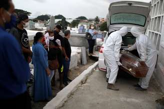Parentes de Jairo de Avila, que morreu de Covid-19), durante velório de Nova Iguaçu.  20/8/2020. REUTERS/Pilar Olivares