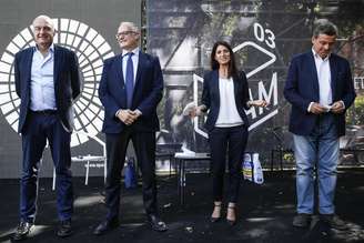 Michetti, Gualtieri, Raggi e Calenda durante debate de candidatos a prefeito de Roma