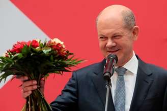 Líder social-democrata alemão, Olaf Scholz, na sede do partido em Berlim após eleição geral na Alemanha
27/09/2021 REUTERS/Hannibal Hanschke