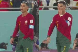Cristiano Ronaldo foi visto pegando algo de dentro do calção e colocando na boca