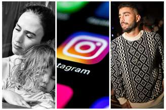 Montagem com fotos de Tatá Werneck e a filha, Clara Maria; o ícone do Instagram; e Pedro Scooby