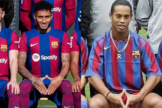Raphinha imita gesto de Ronaldinho em foto oficial do Barcelona