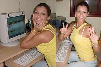 Nos anos 2000, Kelly Key posa ao lado de computador
