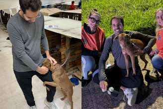 Paulo Mathias abraçado por cachorro | Paulo Mathias posa após adotar cachorro
