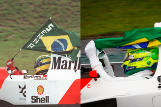 Hamilton (à direita) reproduz gesto de Ayrton Senna (à esquerda) durante homenagem no GP de SP