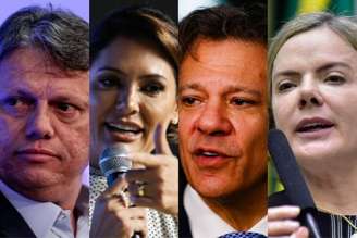 O governador de São Paulo, Tarcísio de Freitas (Republicanos), a ex-primeira-dama Michelle Bolsonaro (PL), o ministro da Fazenda, Fernando Haddad (PT), e a presidente nacional do PT, Gleisi Hoffmann