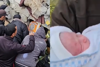 Bebê palestino de um mês é resgatado sob escombros após bombardeio israelense em Gaza
