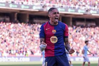 Raphinha (Barcelona) comemorando seu gol contra o Celta de Vigo, no dia 19.04.2025 