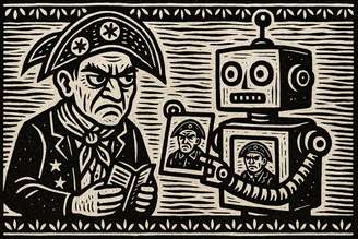 Imagem em estilo de xilogravura criada por IA para ilustração desta reportagem: autocrítica é uma tarefa do ser humano.