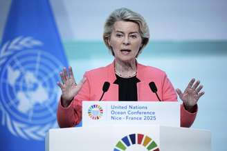 Ursula von der Leyen durante evento da ONU em Nice, na França