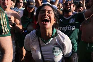 SÃO PAULO 28/6/2025 - PALMEIRAS X BOTAFOGO - ESPORTES - Mundial de Clubes - Torcedores se concentram em volta do Allianz Parque, no bairro de Perdizes, zona oeste de São Paulo, para acompanhar o jogo entre Palmeiras e Botafogo pelo Mundial de Clubes da Fifa - Na foto comemoram gol do Paulinho.