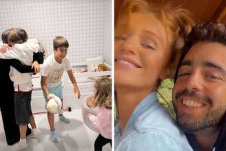 Pedro Scooby e Cintia Dicker recebem Liz e Bem, filhos do surfista com Luana Piovani, durante as férias