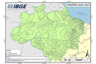 Mapa da Amazônia Legal divulgado pelo IBGE continha erros. Mato Grosso apareceu com sigla do Mato Grosso do Sul, e o Acre não foi identificado pela sigla.