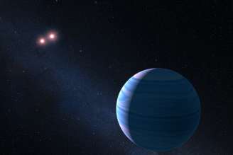 Representação de um exoplaneta semelhante a Júpiter em um sistema estelar binário