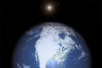 Representação artística de um planeta descoberto anteriormente em Alpha Centauri e da Terra