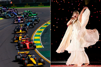 Colagem grid da Fórmula 1 e Taylor Swift