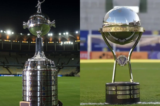 Troféus da Copa Libertadores e da Copa Sul-Americana; brasileiros entram em campo pelos torneios nesta terça-feira, 19