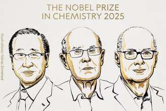 Os cientistas Susumu Kitagawa, Richard Robson e Omar M. Yaghi, em ilustração divulgada pelo Prêmio Nobel de Química 2025