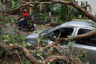 Forte ventania derrubou árvore sobre carro em Copacabana, zona sul do Rio de Janeiro.