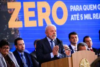 O presidente Lula, durante cerimônia de sanção do projeto que isenta de IR quem ganha até R$ 5 mil