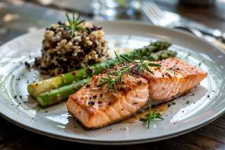 Salmão grelhado com arroz selvagem e aspargos