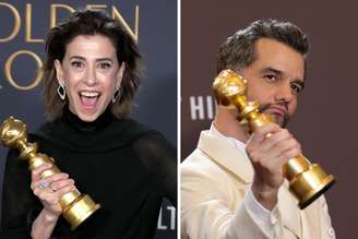 Fernanda Torres e Wagner Moura em suas respectivas edições do Globo de Ouro