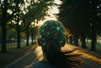 Em atividades como correr ao ar livre, os fractais visuais das árvores, a irregularidade do terreno e os sons da mata ativam redes de atenção involuntária, permitindo o descanso do córtex pré-frontal e favorecendo a neuroplasticidade, num fenômeno que pode ser descrito como "simbiose neural". Imagem gerada por IA, via Envato Labs, CC BY