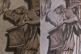 À direita, o resultado da remoção do rosto de Meloni de afresco em basílica