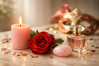 Imagem de uma vela rosa, rosa vermelha e um perfume