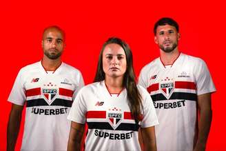 Lucas, Camilinha e Calleri são os astros da campanha de divulgação da nova camisa do São Paulo.