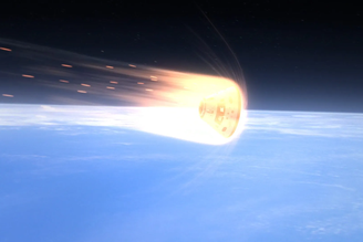 Ilustração de uma nave espacial, rodeada por plasma alaranjado, ao reentrar na atmosfera terrestre: arrasto aerodinâmico é usado como um freio para desacelerar a nave, que chega na atmosfera a uma velocidade de mais de 40.000 km/h.. Nasa