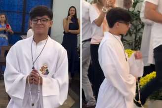 Bernardo, filho de Cristiano Araújo, durante a primeira comunhão