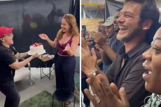 Paolla Oliveira recebe bolo surpresa durante o trabalho | amigos batem palma