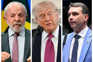 Colagem de fotos com imagens de Lula, Trump e Flávio