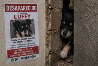 Imagem gerada por inteligência artificial do cãozinho Luffy desaparecido preso dentro da parede