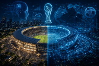 Imagem produzida por inteligência artificial para ilustrar os gêmeos digitais que serão utilizados na Copa do Mundo 2026