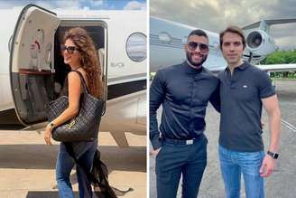 Paula Fernandes posa sorridente com jato ao fundo | Daniel posa com Gusttavo Lima