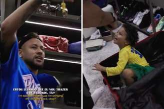 Neymar segurando chaveira da taça da Copa do Mundo | Neymar brinca com Mavie enquanto faz a mala