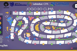 Tabuleiro do "Jogo do Clima", que guia as crianças por 46 casas que abordam temas de meteorologia e biodiversidade através de animais e fenômenos naturais.