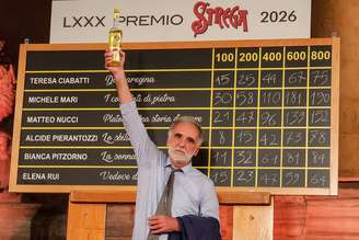 Michele Mari, que não consegue sorrir, com o Licor Strega