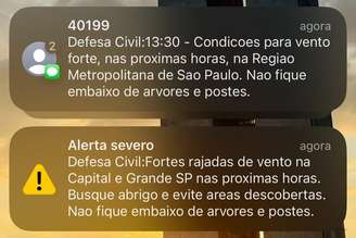 Defesa Civil enviou alerta severo de rajadas de vento para a capital e a região metropolitana de São Paulo.