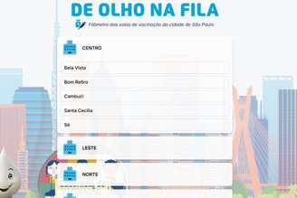 Postos de vacinação são organizados por região no “De Olho na Fila”.