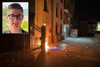 Adriano Cappellari e uma foto do incêndio diante de sua casa