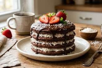 Panqueca fit de chocolate com recheio de coco.
