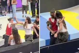Duda Wilken e Raysa Leal se abraçam e trocam beijo no rosto