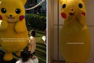 Pikachu interage com crianças durante festa de aniversário de Helena | Amanda Kimberlly vestida de Pikachu