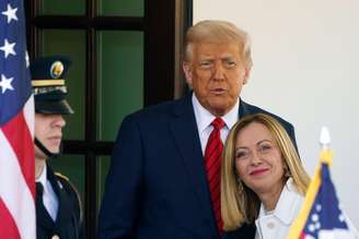Donald Trump e Giorgia Meloni durante reunião na Casa Branca, em abril de 2025
