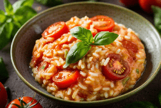 Risoto de tomate-cereja com manjericão